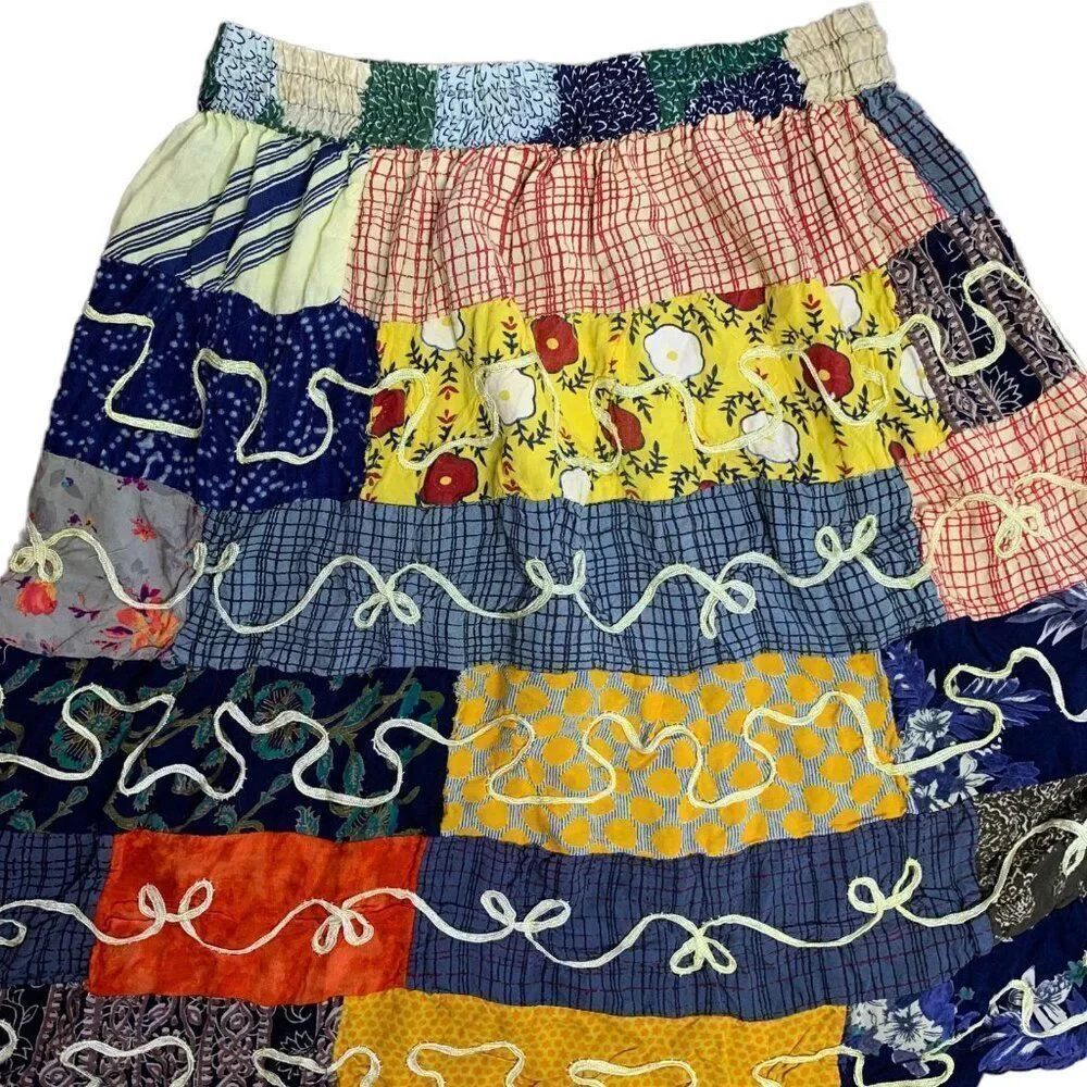 Vintage 90s Embroidered Patchwork Skirt Womens S Multicolored Drawstring Waist